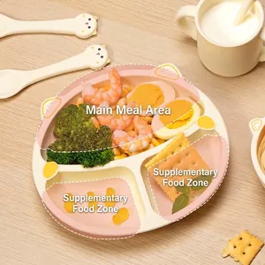 Cute cat-themed food-grade silicone divided baby dinner plate set with spoon and cup