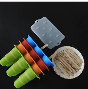 6-cavity silicone popsicle mold set with translucent lid and natural wooden sticks