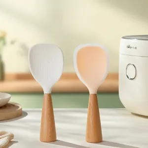 Standing Silicone Rice Spoon With Beech Wood Handle Non-stick Heat Resistant Food Grade Standing Rice Scoop For Kitchen Spatula