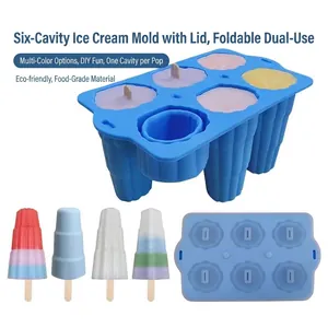 Collapsible 6-cavity blue silicone popsicle mold with lid for DIY homemade ice cream