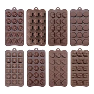 Set of 8 brown 15-cavity silicone chocolate molds with multi-shape designs