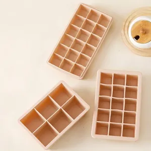 Set of 3 food-grade silicone ice cube trays with 6, 15, and 24 grids in apricot color
