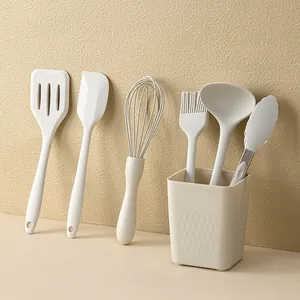 Minimalist 6-piece cream white silicone kitchen utensil set with storage bucket for baby food
