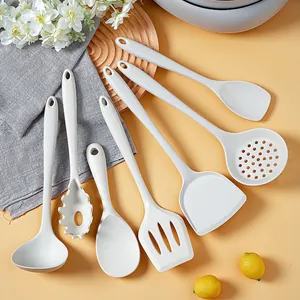 Set of 7 white heat-resistant silicone kitchen cooking utensils for non-stick pans