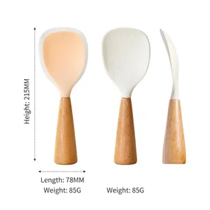 Food grade standing silicone rice spoon with ergonomic wooden handle and non-stick surface