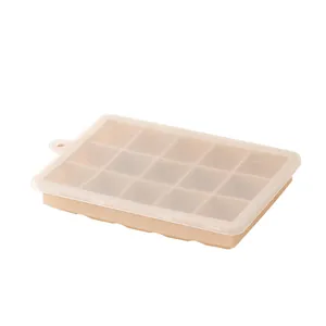 Premium 15-grid silicone ice cube tray with transparent lid in minimalist beige