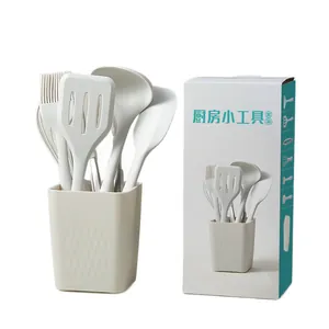 Creamy white food grade silicone kitchen utensils set with storage bucket and box