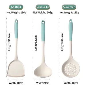 Three-piece silicone kitchen utensil set featuring spatula ladle and slotted spoon.