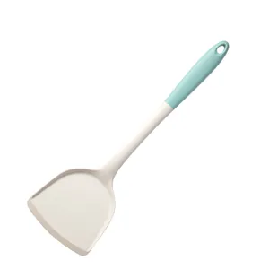 Ergonomic white silicone spatula with mint blue handle for non-stick cookware use