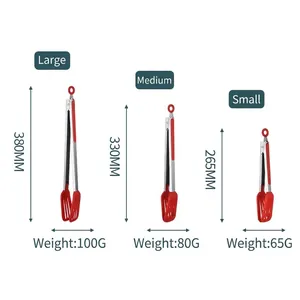Heat-resistant stainless steel kitchen tongs with silicone tips in three sizes