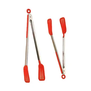 Pair of red heat-resistant silicone and stainless steel kitchen tongs for BBQ grilling.