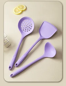 Lavender silicone kitchen utensil set including spatula, ladle, and slotted spoon