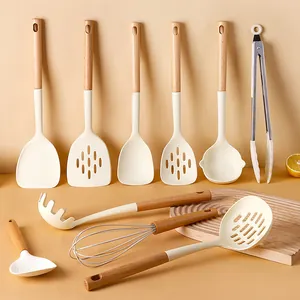 Heat Resistant Silicone Kitchen Utensil Set With Wooden Handle Non-Stick Cooking Spatula Soup Ladle Slotted Spoon Whisk Food Tongs Cream White