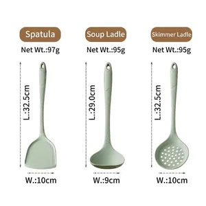 Green silicone kitchen utensil set: spatula, soup ladle, and slotted spoon with dimensions