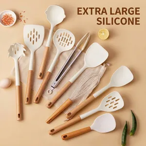 11-piece heat-resistant silicone kitchenware set with natural wooden handles for non-stick pans