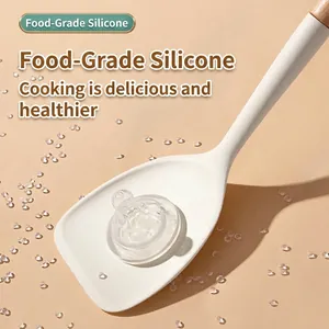 Premium food-grade heat-resistant white silicone spatula with wooden handle detail
