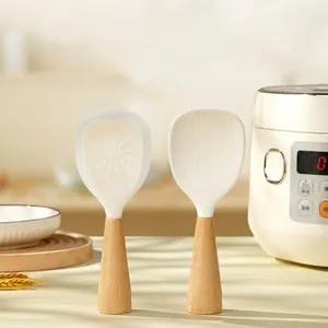 Standing Rice Paddle Food Grade Silicone Beech Wood Handle Non-stick Heat Resistant Kitchen Rice Cooker Scoop Vertical Design