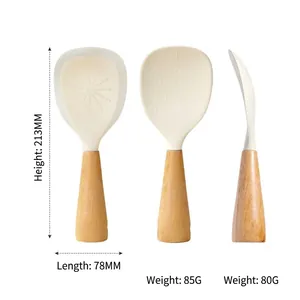 Standing silicone rice paddle with wooden handle, heat-resistant and non-stick design