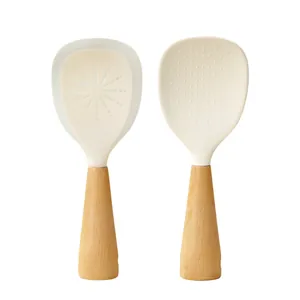 Standing food-grade silicone rice paddle with natural wood handle non-stick design for kitchen