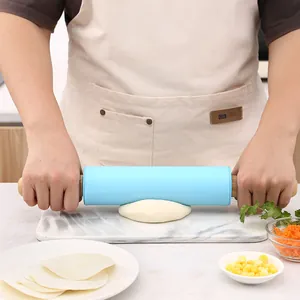 Food Grade Silicone Rolling Pin with Beech Wood Handle Non-Stick Dough Roller for Baking Dumpling Pizza Kitchen Tool
