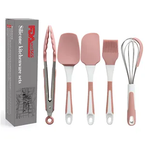 Complete 5-piece heat-resistant pink silicone kitchenware set for baking and cooking