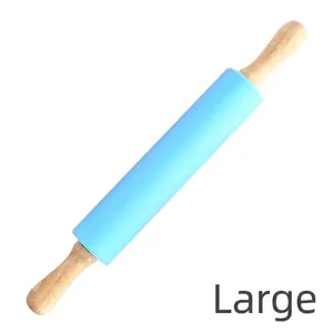 Professional large blue silicone rolling pin with ergonomic wooden handles for baking dough