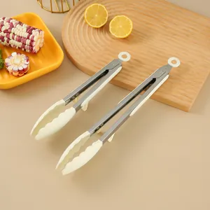 Brushed Stainless Steel Silicone Food Tongs With Stand Heat Resistant Non-Slip Bread BBQ Meat Tongs For Kitchen Baking