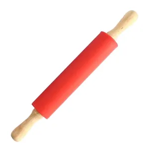 Large food-grade silicone rolling pin with ergonomic wooden handles for professional baking dough