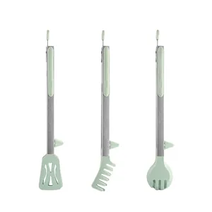 Set of 3 stainless steel kitchen food tongs with heat-resistant mint green silicone tips