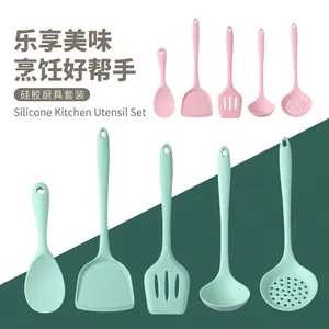 5-piece heat resistant silicone kitchen utensil set in pink and mint green colors.