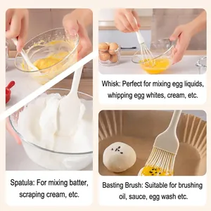 3-piece silicone baking set including spatula, whisk, and oil brush for cooking