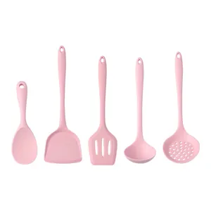5-piece pink silicone kitchen utensil set with spatula and soup ladle for non-stick pans