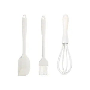 Minimalist 3-piece silicone baking set with spatula, oil brush, and whisk in cream white