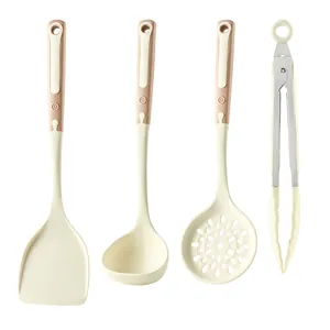 Premium cream silicone kitchen utensil set including spatula ladle skimmer and tongs