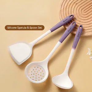 Premium heat-resistant silicone kitchen tool set with white heads and purple handles