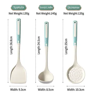 Heat resistant silicone kitchen utensil set with spatula soup ladle and slotted spoon