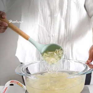 12 Pcs Ustensiles de Cuisine en Silicone Avec Manche en Bois Naturel Vert Menthe Résistant à la Chaleur Spatule Cuillère à Soupe Avec Pot
