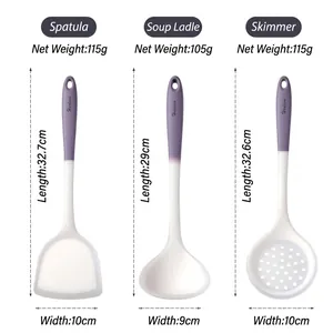 Three-piece silicone kitchen utensil set including spatula, ladle, and slotted spoon