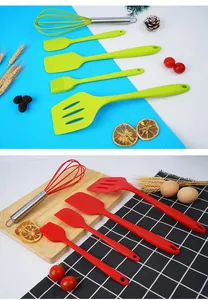 Detailed view of 5-piece red and green silicone kitchen utensil set with baking tools