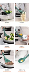Detail shots showing six types of green heat-resistant silicone kitchen utensils in use.