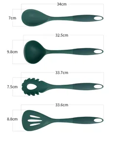 Dark green heat-resistant silicone kitchen tool set with detailed dimension measurements.
