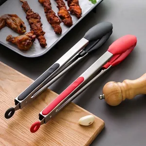 Pinzas de Cocina de Silicona Resistentes al Calor Pinzas para Barbacoa de Acero Inoxidable con Anillo de Bloqueo