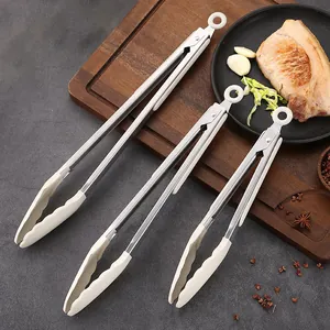 Silicone Food Tongs With Stand 430 Stainless Steel Heat Resistant Non-slip Kitchen Serving Tongs For BBQ Steak Cooking