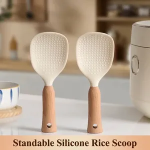 Food Grade Silicone Rice Spoon With Beech Wood Handle Non-stick Self Standing Rice Paddle Heat Resistant Kitchen Cooking Shovel