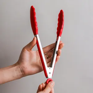 Pinzas de cocina de silicona roja y acero inoxidable resistentes para barbacoa