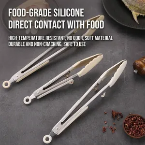 Set of 3 heat-resistant silicone food tongs with built-in stand for BBQ and grilling