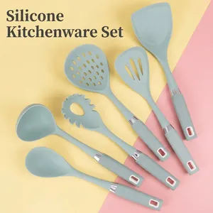 Heat Resistant Silicone Kitchenware Set Non Stick Cooking Utensils With Rotating Stand Mint Green Home Kitchen Tools