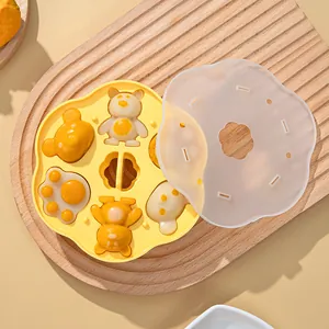 Yellow cat paw and bear silicone mold for baby food steamed cake snacks with lid