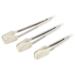 Set of 3 heat resistant cream silicone food tongs in various sizes for BBQ and baking
