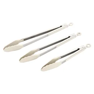 Set of 3 stainless steel food tongs with cream silicone tips for BBQ and kitchen use